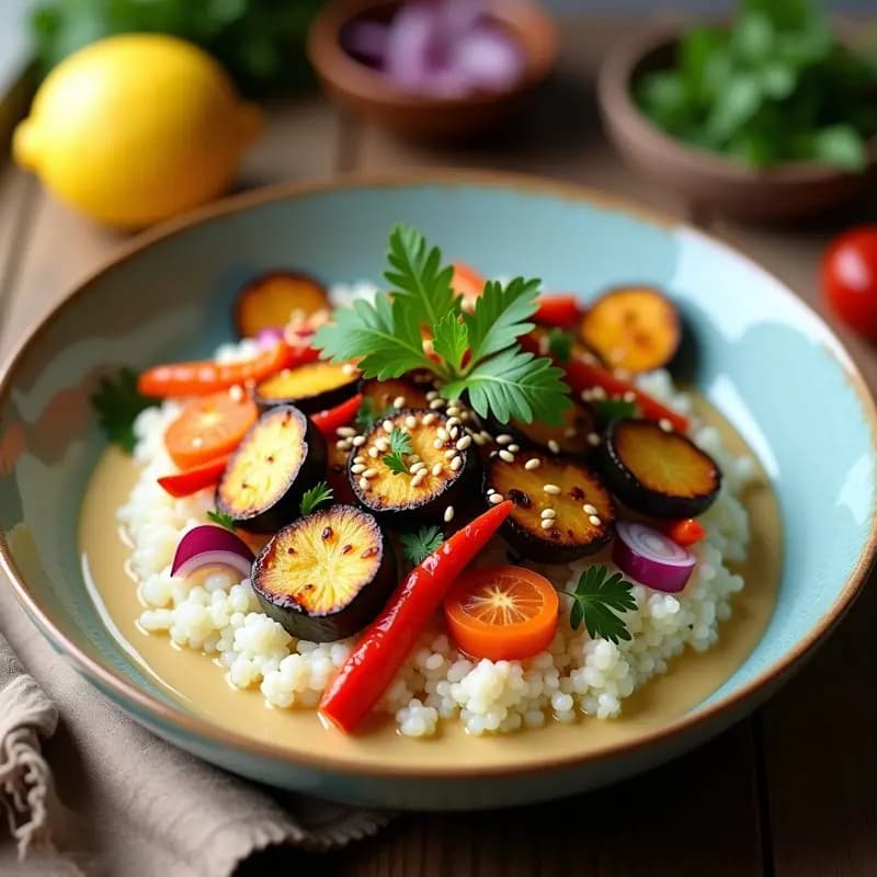Bowl de Fonio y Vegetales Asados con Aliño de Tahini y Limón: Desayuno Africano Vegano y Sin Gluten