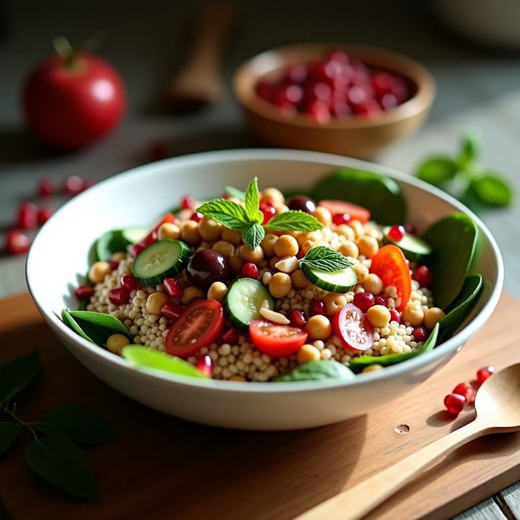 Bowl de Fono y Garbanzos con Vinagreta de Granado: Receta Olímpia Griega Vegana y Crudivegana