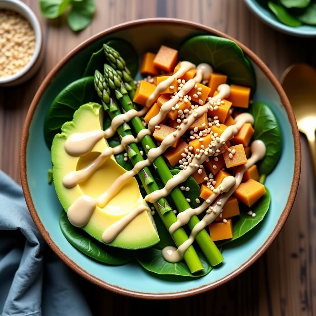 Bowl de Fono (Ñame Salvaje) con Espárragos y Salsa de Tahini de Ajonjolí: Desayuno Polinesio Vegano