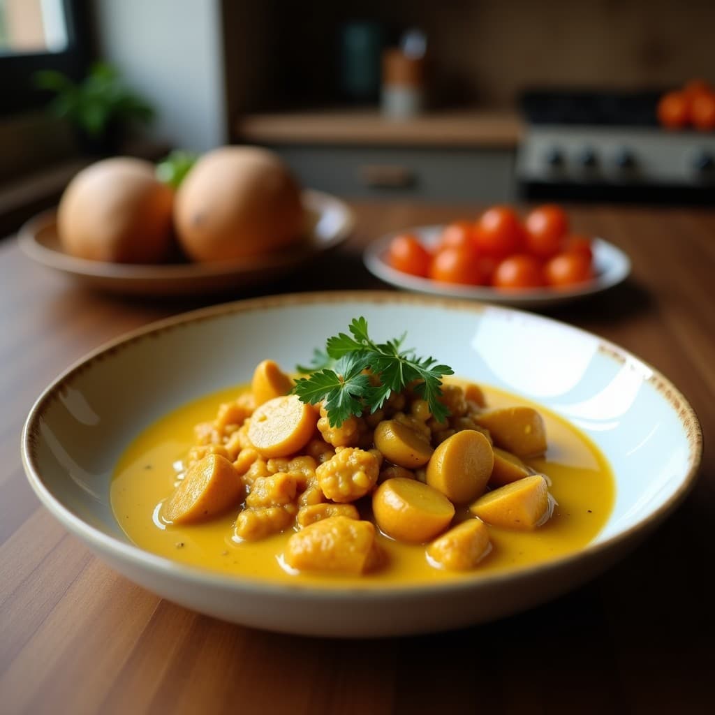 Bowl de Fono (Yuca Fermentada) con Pollo al Curry y Cacahuetes: Receta Congoleña Alta en Proteína