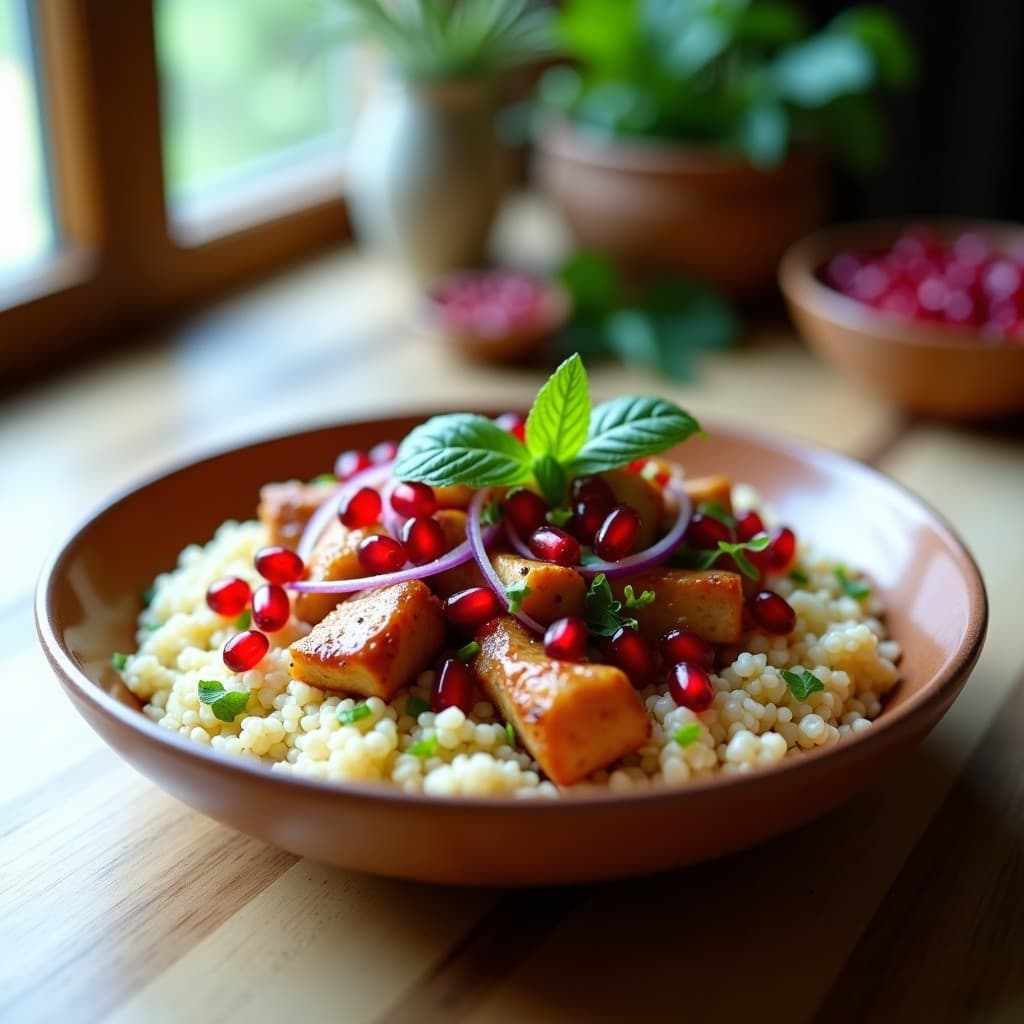 Bowl de Fono con Pollo al Yogur y Granados: Receta Iraní Alta en Proteína