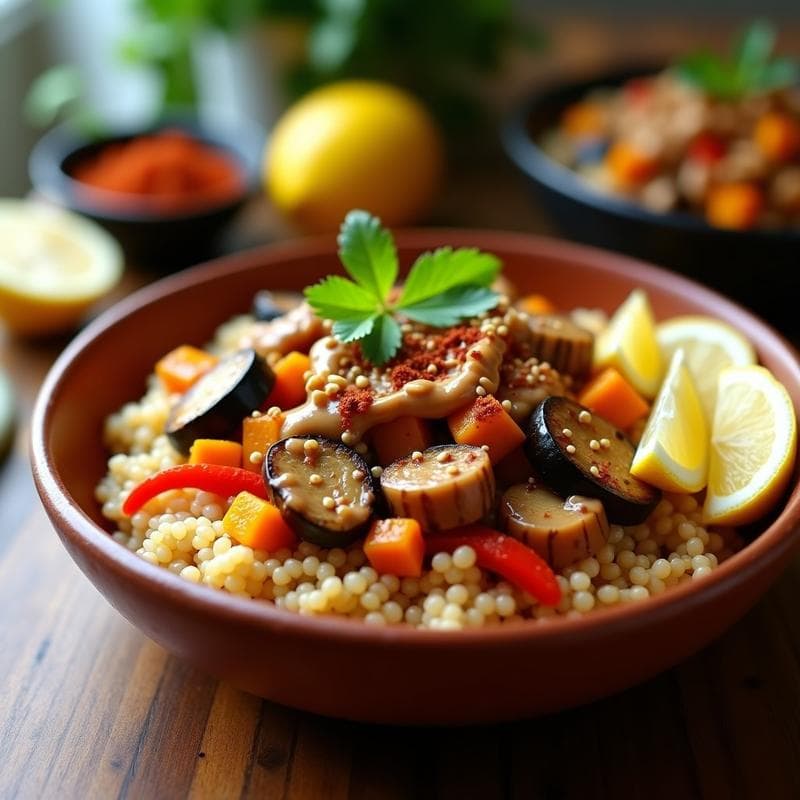 Bowl de Fono (Mijo Africano) con Salsa de Cacahuete y Verduras Asadas: Receta Senegalesa Vegana