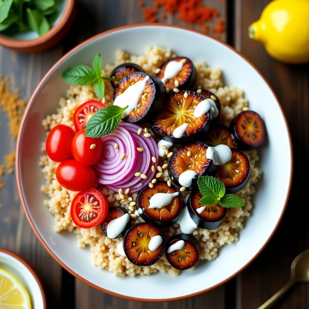 Bowl de Freekah y Berenjena Asada con Aderezo de Yogur de Soja: Receta de Oriente Medio Keto
