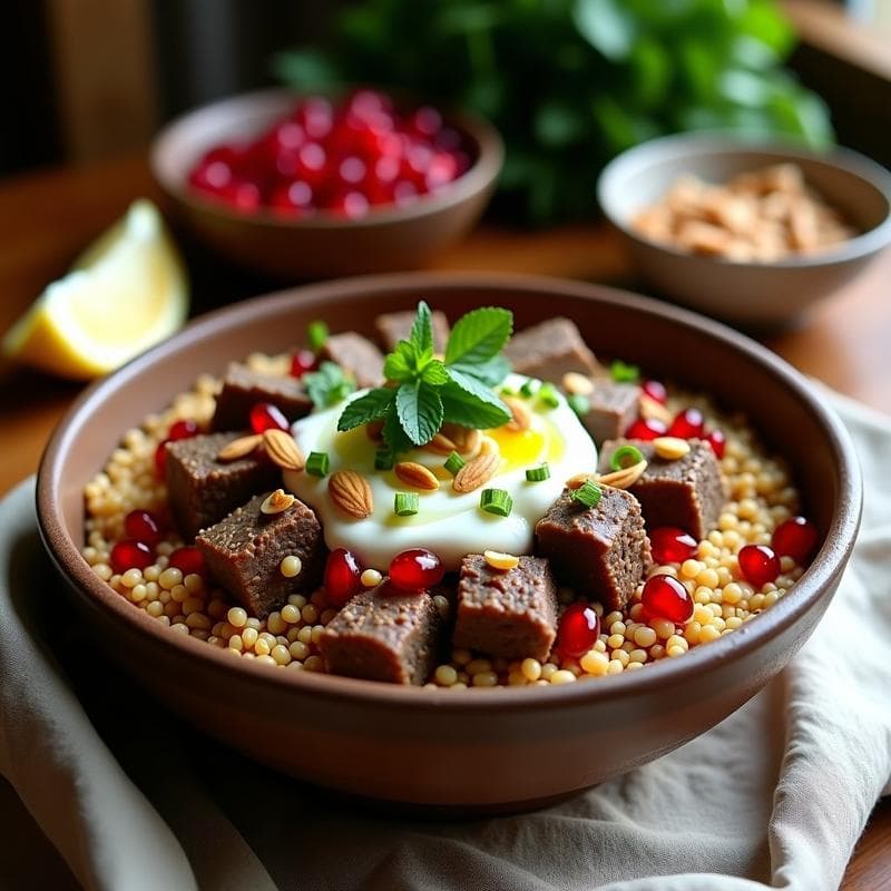 Bowl de Freekah con Cordero y Granadas: Receta Árabe Alta en Hierro y Proteína