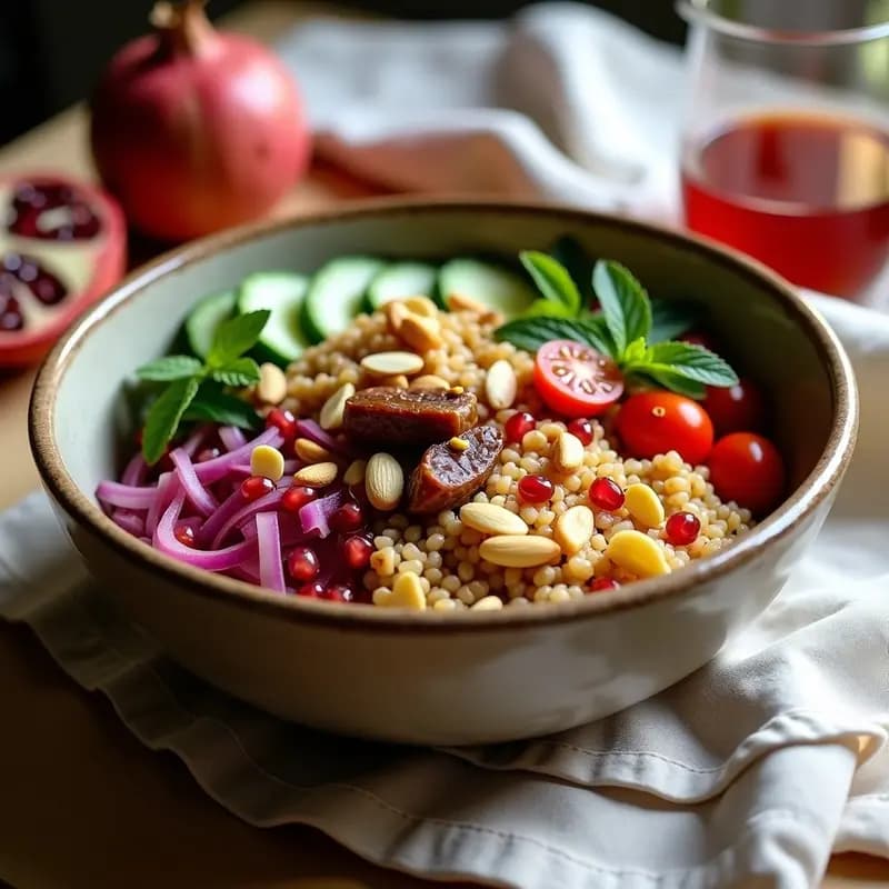Bowl de Freekah con Dátiles, Almendras y Aderezo de Vinagre de Granada: Receta Árabe Keto
