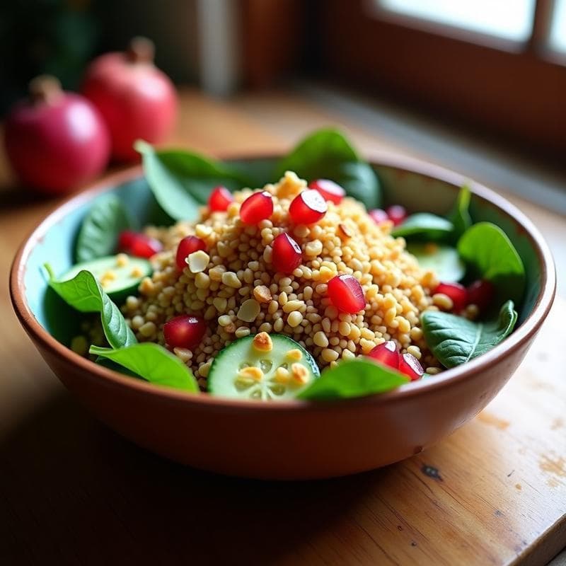 Bowl de Freekah con Granadas y Aderezo de Granadilla: Receta de Oriente Medio Alta en Fibra