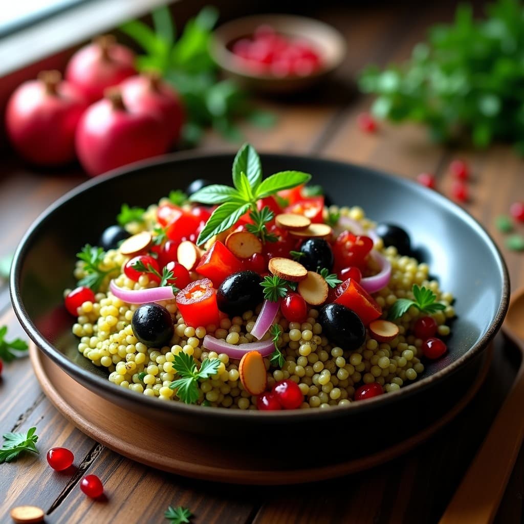 Bowl de Freekah con Granados y Aceitunas Negras: Ensalada Árabe Alta en Fibra