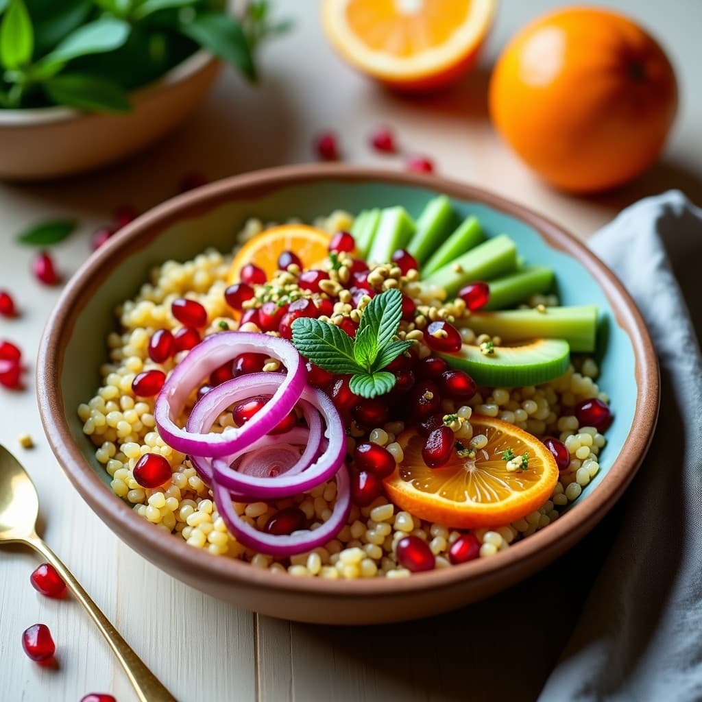Bowl de Freekah con Granados y Aderezo de Naranja Amarga: Receta Libanesa Keto