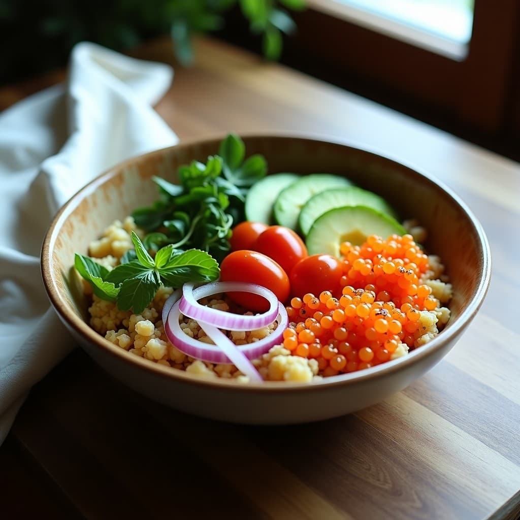 Bowl de Freekeh con Aguacate y Huevas de Trucha: Receta Árabe Keto en 15 Minutos