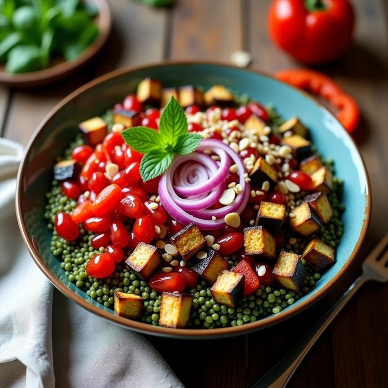 Bowl de Freekeh con Berenjena Asada y Aderezo de Granada: Receta Libanesa Vegana y Colorida