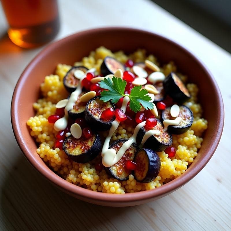 Bowl de Freekeh con Berenjena Asada y Tahini: Desayuno Palestino Keto y Vegano