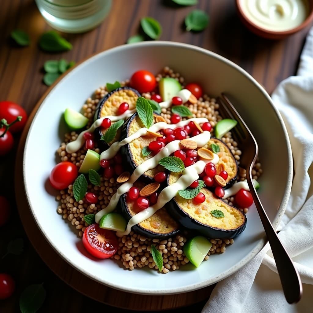 Bowl de Freekeh con Berenjenas Asadas y Salsa de Yogur de Soja: Receta Árabe Vegana