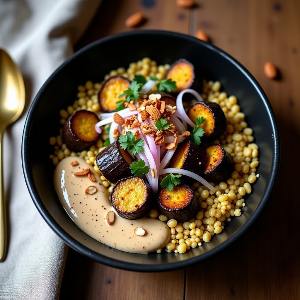 Bowl de Freekeh con Berenjenas Asadas y Tahini: Receta Palestina Keto
