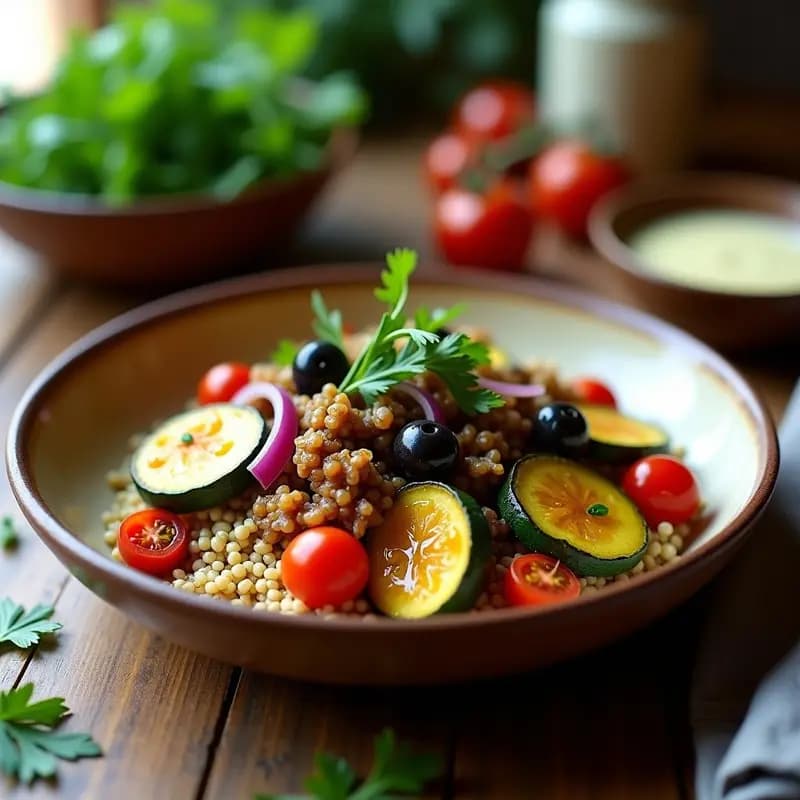 Bowl de Freekeh con Calabacín Asado y Salsa de Aceitunas Kalamata: Receta Libanesa Vegana