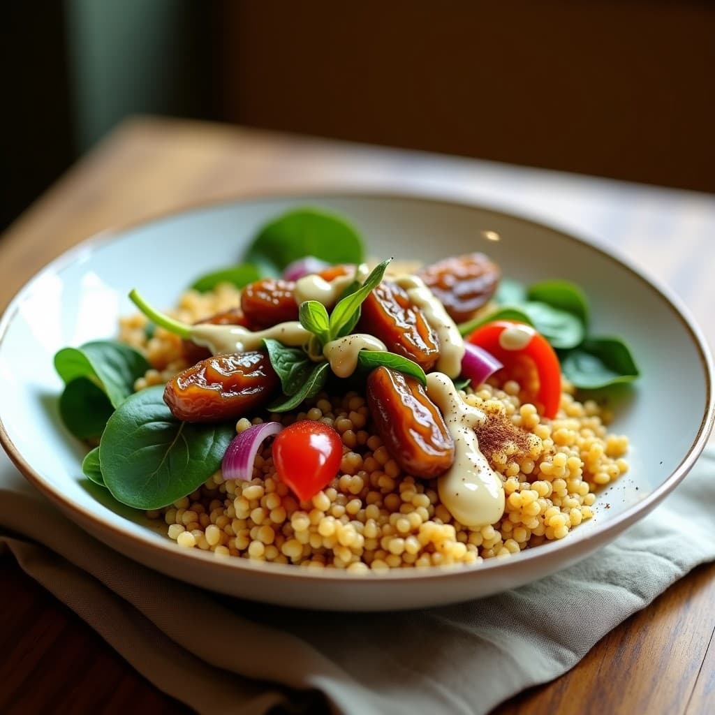 Bowl de Freekeh con Espinacas, Dátiles y Aderezo de Limón y Comino: Receta Árabe Vegana y Alta en Fibra