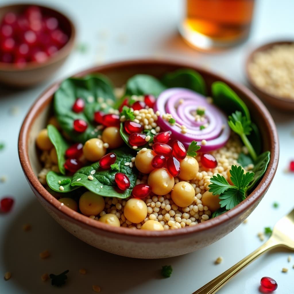 Bowl de Freekeh con Garbanzos Crujientes y Salsa de Tahini y Granada: Desayuno Palestino Alto en Fibra