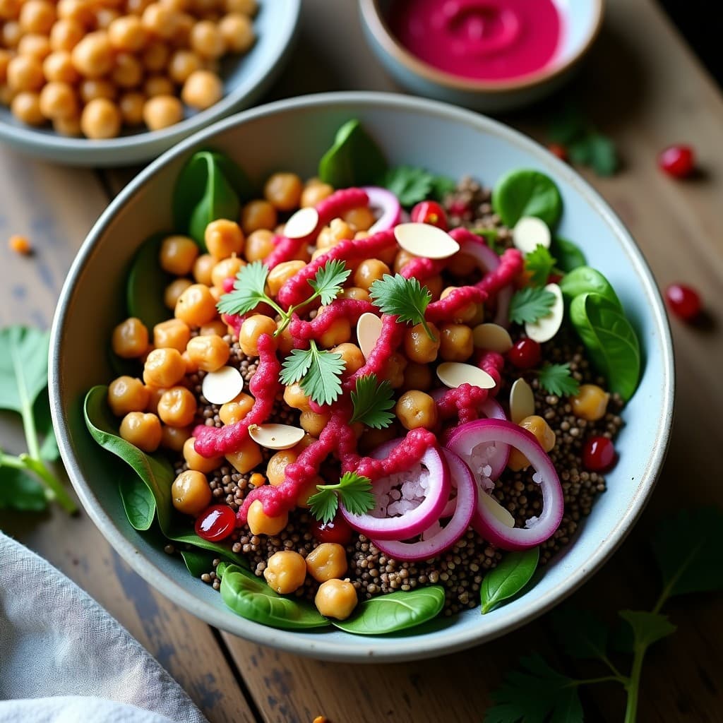 Bowls de Freekeh con Garbanzos Crujientes y Salsa de Tahini de Remolacha: Receta Libanesa Vegana