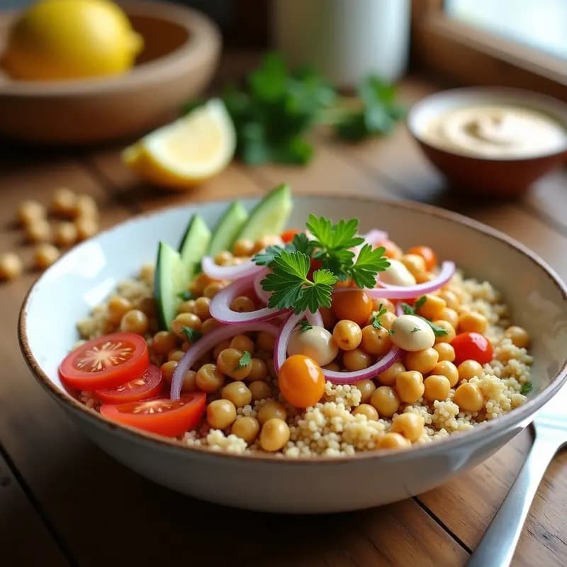 Bowl de Freekah con Garbanzos Crujientes y Tahini: Receta Libanesa Vegana para Tupper