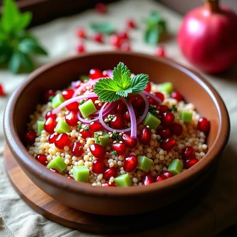 Bowl de Freekeh con Granadas y Aderezo de Granada Reducida: Receta Libanesa Alta en Hierro