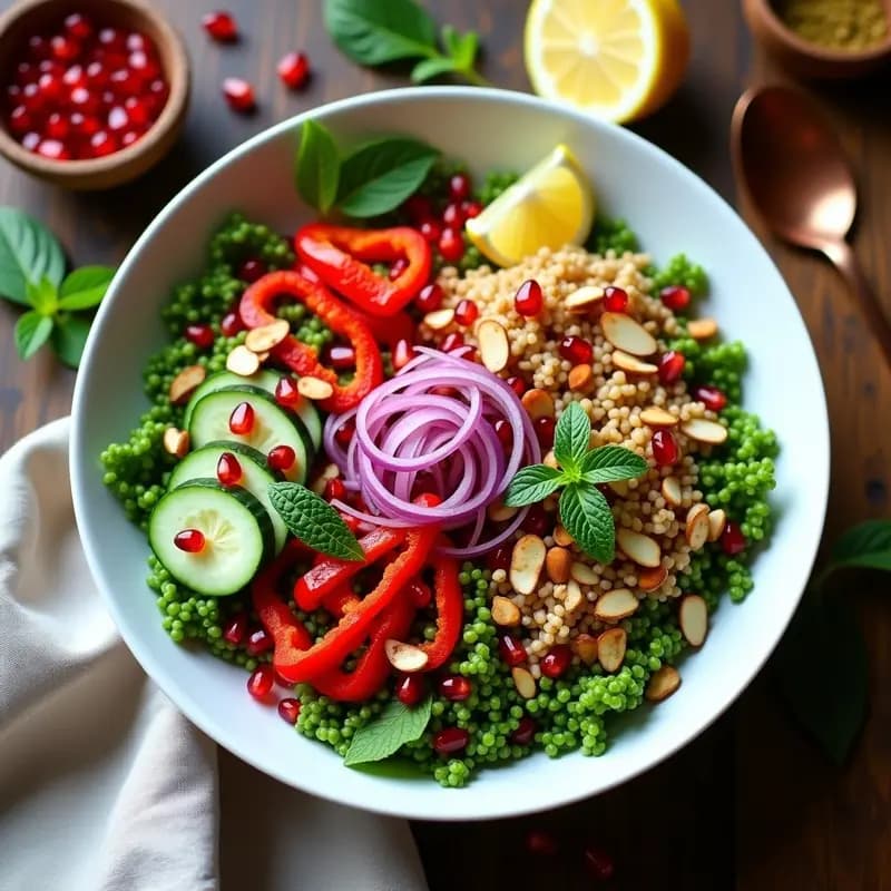 Bowl de Freekeh con Granada y Aderezo de Limón: Receta Siria Rápida y Nutritiva
