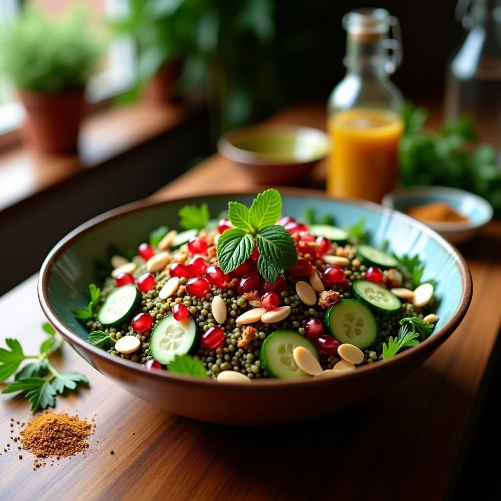 Bowl de Freekeh con Granadas, Pepino y Vinagreta de Zaatar: Receta Libanes en 15 Minutos