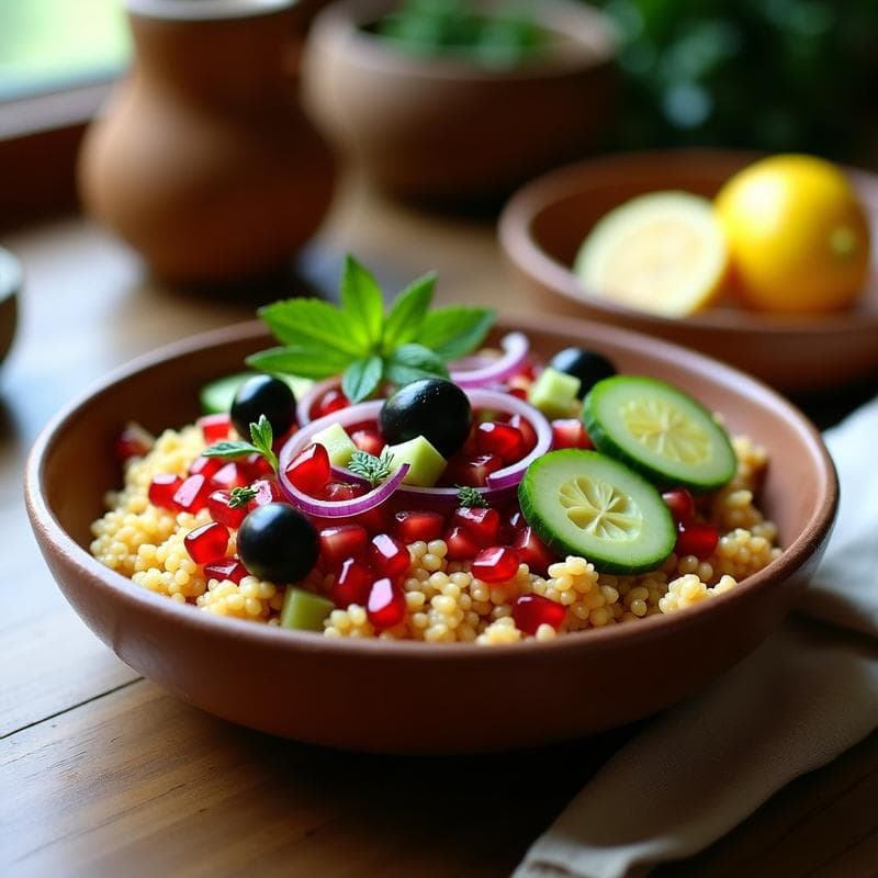 Bowl de Freekeh con Granados, Aceitunas Kalamata y Aderezo de Limón: Receta Árabe Keto