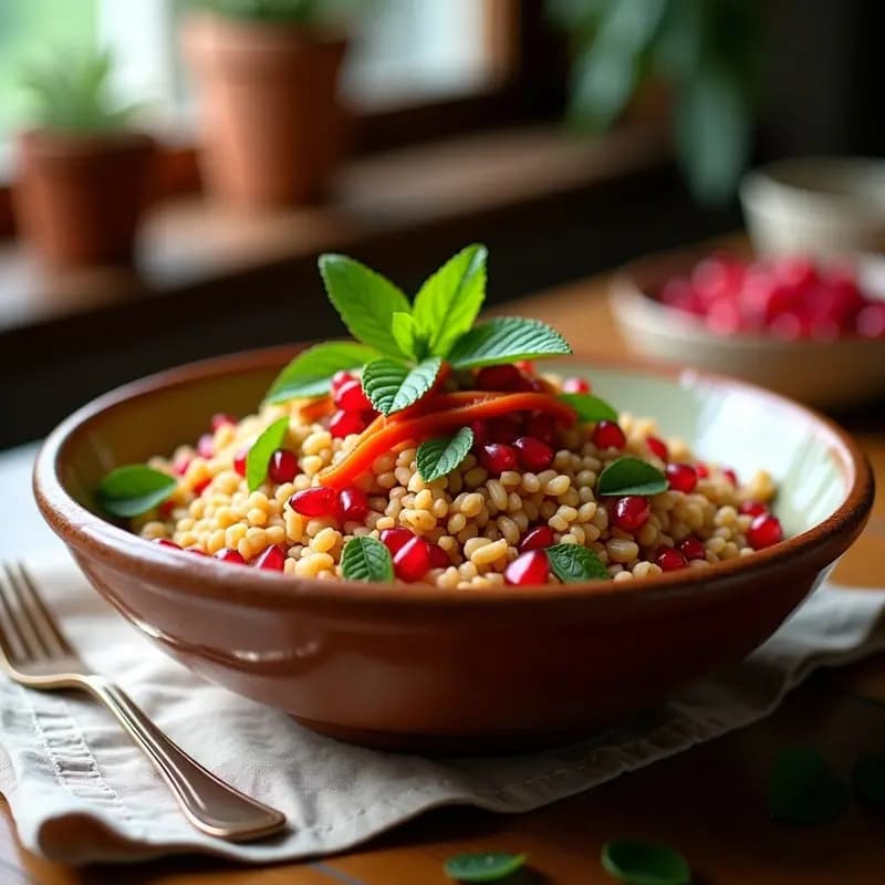 Bowl de Freekeh con Granados y Mentas: Ensalada Libanesa Vegana para Llevar