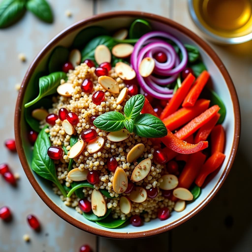 Bowl de Freekeh con Granados, Espinacas y Aderezo de Limón y Zaatar: Receta Líbano Vegana y Rápida