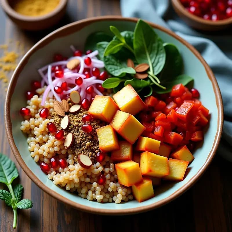 Bowl de Freekeh con Granada y Queso Halloumi: Receta Libanesa Vegana para Llevar
