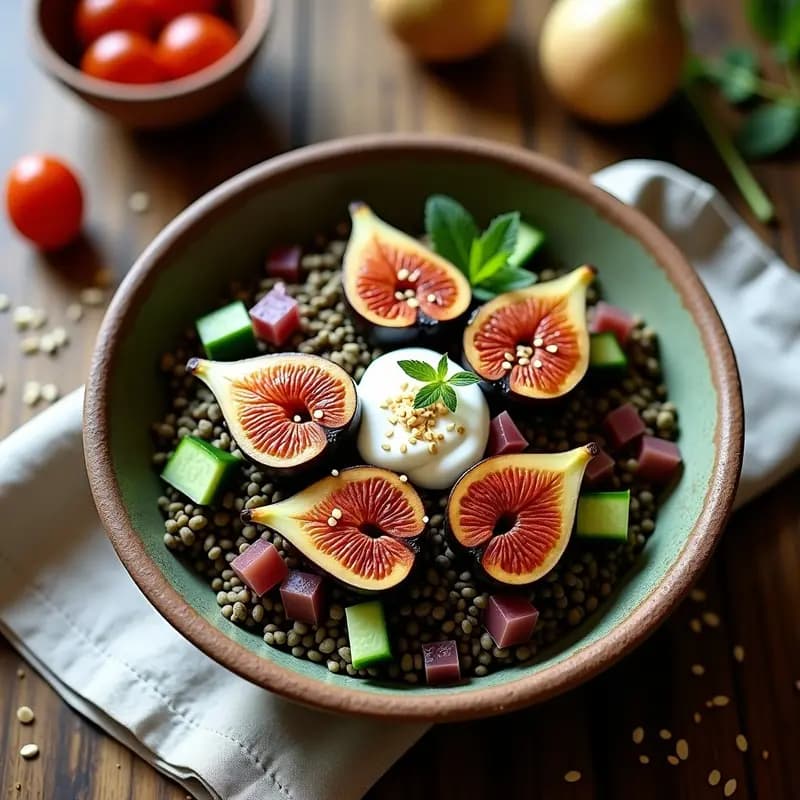 Bowl de Freekeh con Higos Asados y Salsa de Yogur de Soja: Receta Libanesa Alta en Fibra