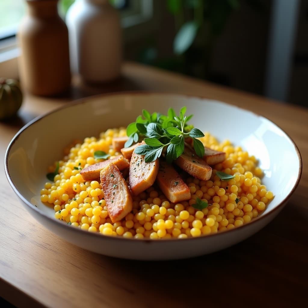 Bowl de Freekeh con pollo, Granada y Ment: Desayuno Árabe Alto en Proteína y Fibra