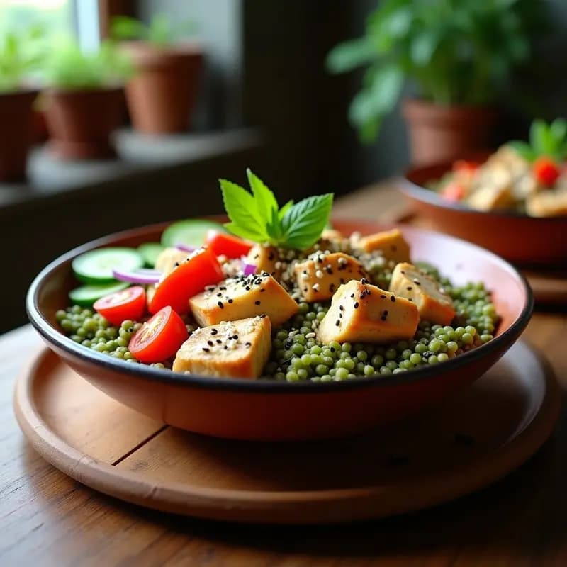 Bowl de Freekeh con pollo marinado en Labneh y Zaatar: Receta Árabe Alta en Proteína