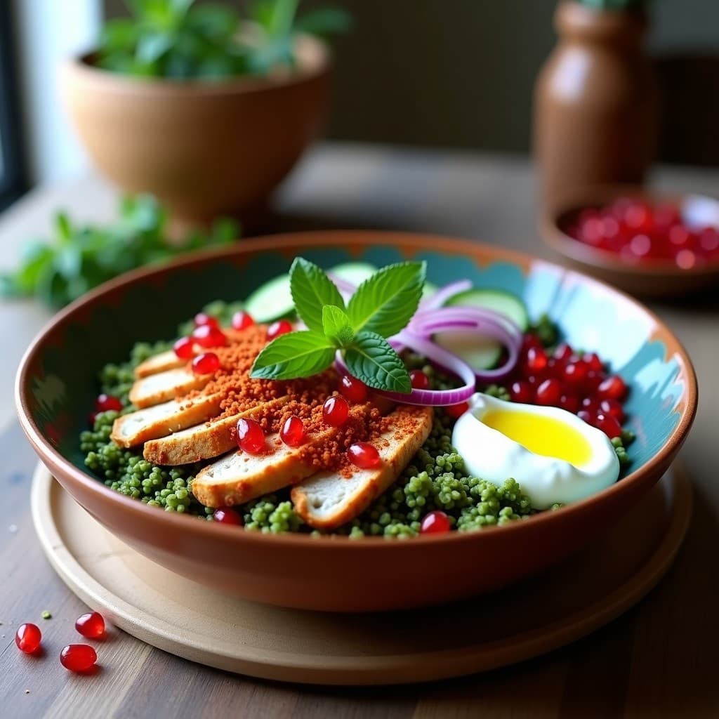 Bowl de Freekeh con Pollo al Zumaque y Granada: Receta Libanesa Alta en Proteína en 20 Minutos