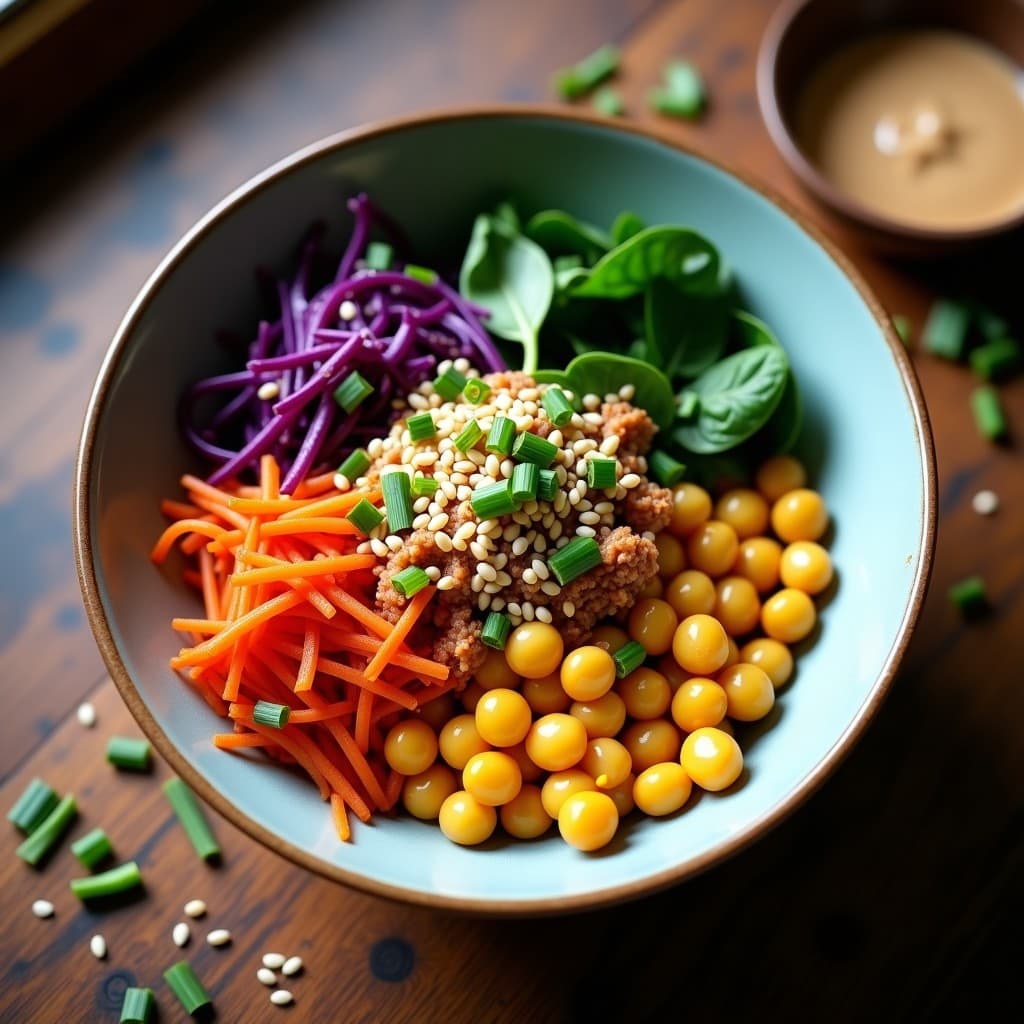 Bowl de Frijoles Mungo con Verduras Fermentadas y Kimchi: Receta Coreana Probiótica y Vegana