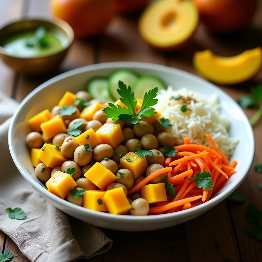 Bowl de Frijoles Mungo y Mango con Aderezo de Cilantro: Receta India Vegana y Fresca