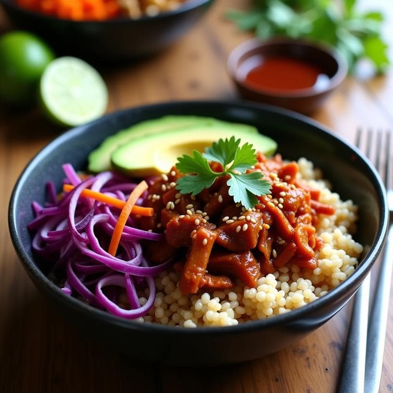 Bowl de Jackfruit Desmenuzado al BBQ con Slaw de Repollo Morado: Receta Vegana Tex-Mex