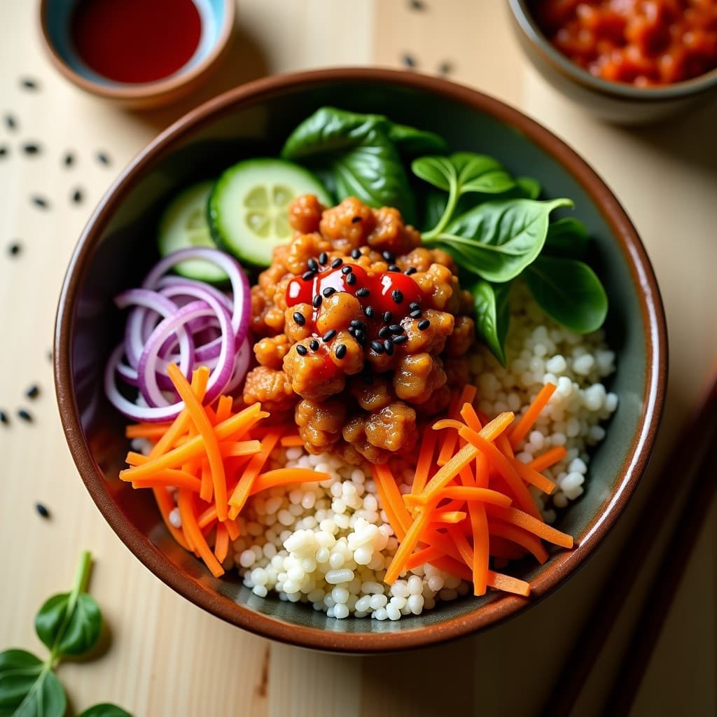 Bowl de Jackfruit Desmenuzado y Kimchi: Receta Coreana Vegana con Arroz de Coliflor