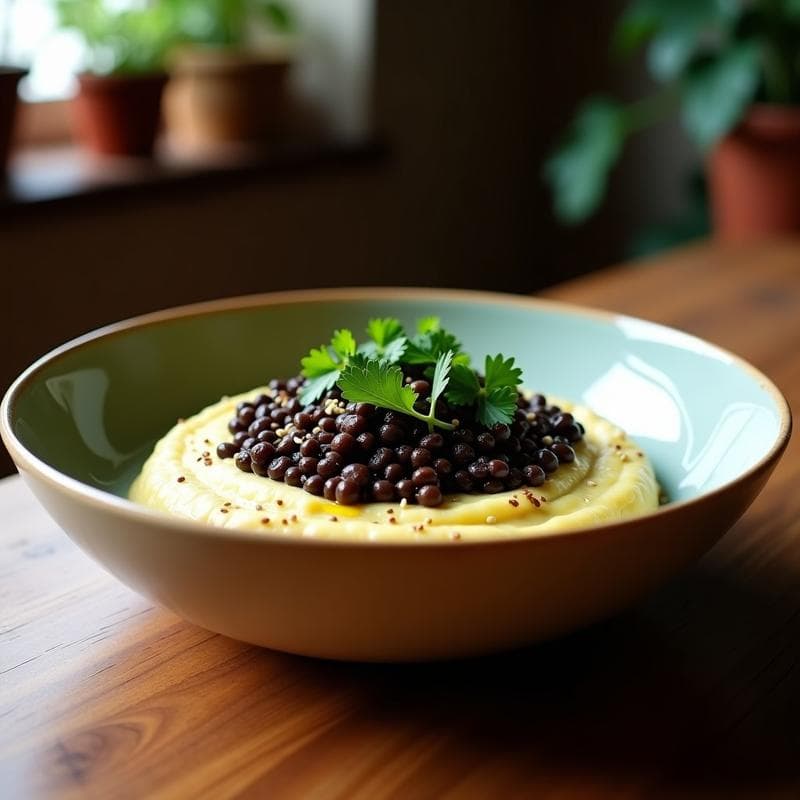 Bowl de Lentejas Beluga con Puré de Coliflor y Aceite de Trufa: Receta Vegana Gourmet en Olla Express