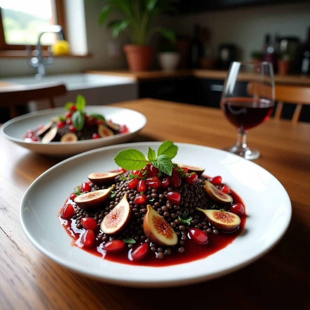 Bowl de Lentejas Beluga con Higos Caramelizados y Vinagreta de Granada: Receta Vegana Gourmet