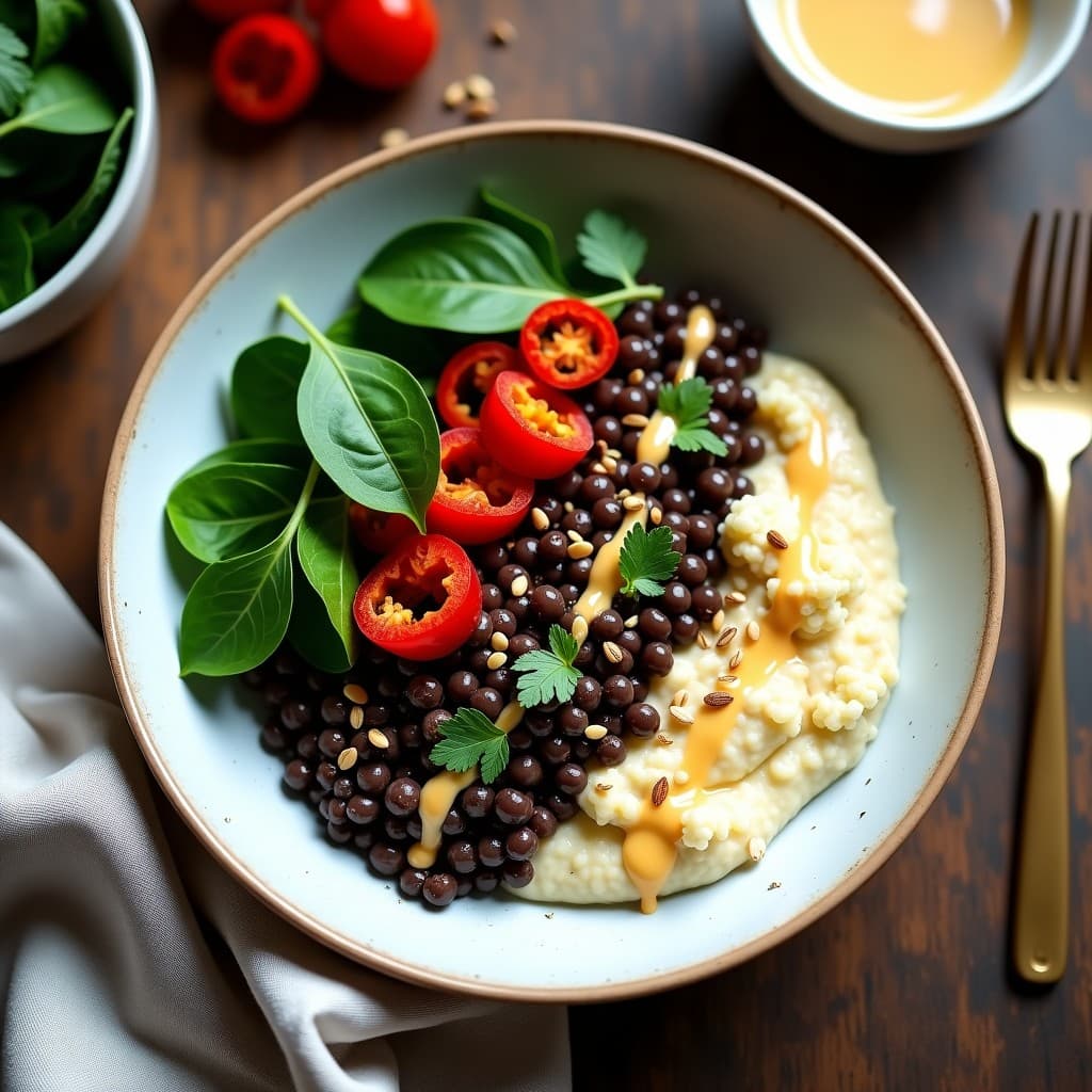 Bowl de Lentejas Beluga con Puré de Coliflor y Salsa de Tahini: Receta Vegana Alta en Hierro
