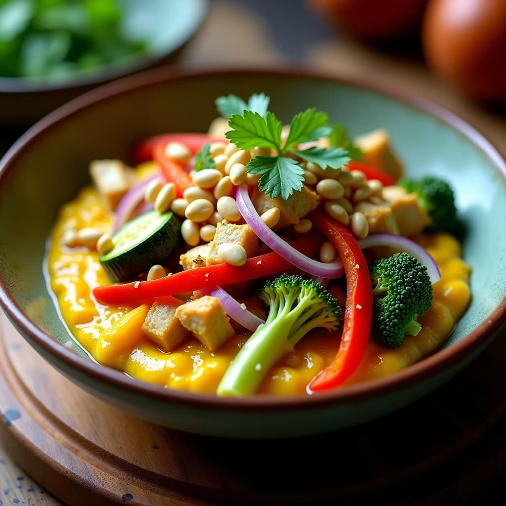 Bowl de Fécula de Mandioca con Pollo al Curry Amarillo y Vegetales al Wok: Receta Tailandesa Sin Gluten