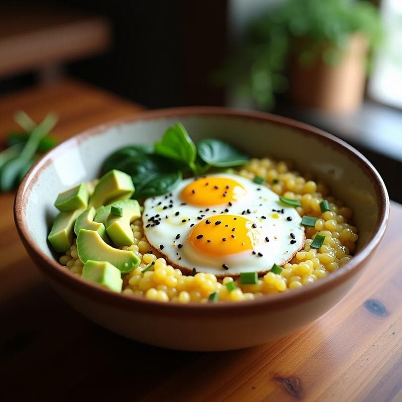 Bowl de Mijo con Aguacate, Huevos Poché y Semillas de Sésamo: Receta Sin Gluten Alta en Proteína