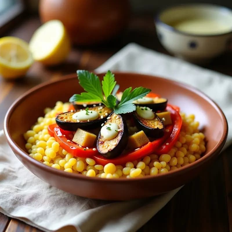 Bowl de Mijo y Berenjenas Asadas con Aderezo de Limón y Comino: Receta Vegana Marroquí