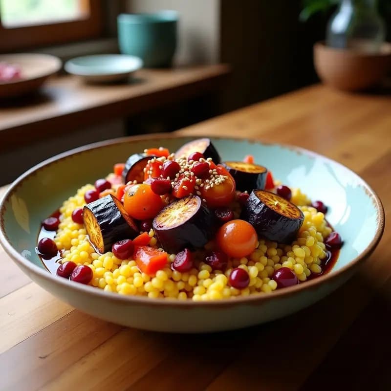 Bowl de Mijo con Berenjena Asada y Vinagreta de Tamarindo: Receta Africana Sin Gluten