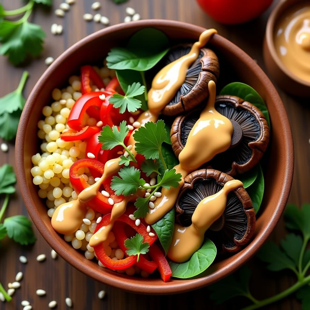 Bowl de Mijo y Champiñones Portobello: Desayuno Africano Vegano con Salsa de Cacahuete
