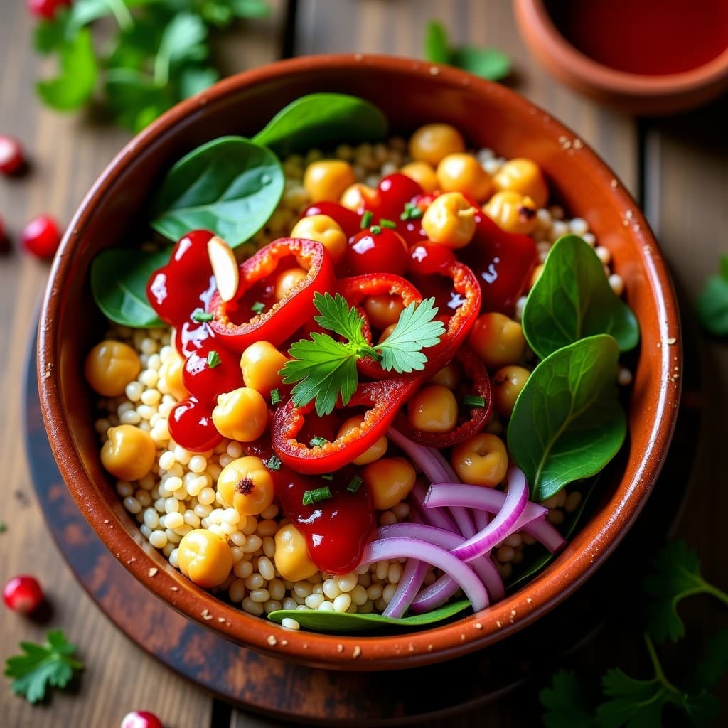 Bowl de Mijo con Garbanzos Crujientes y Salsa de Granada: Receta Africana Vegana