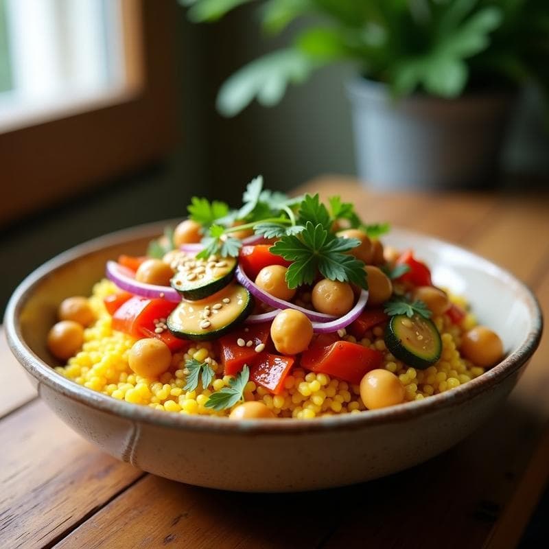 Bowl de Mijo con Garbanzos Tostados y Tahini de Limón: Receta Africana Vegana