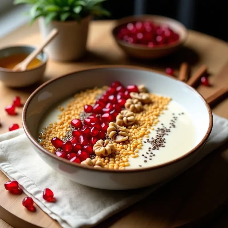 Bowl de mijo inflado con leche de avena, granada y canela: Desayuno sin gluten y antioxidante