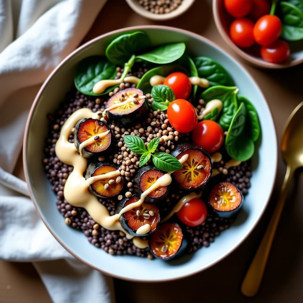 Bowl de Mijo Negro y Berenjena Asada con Tahini y Semillas de Sésamo: Receta Etíope Vegana