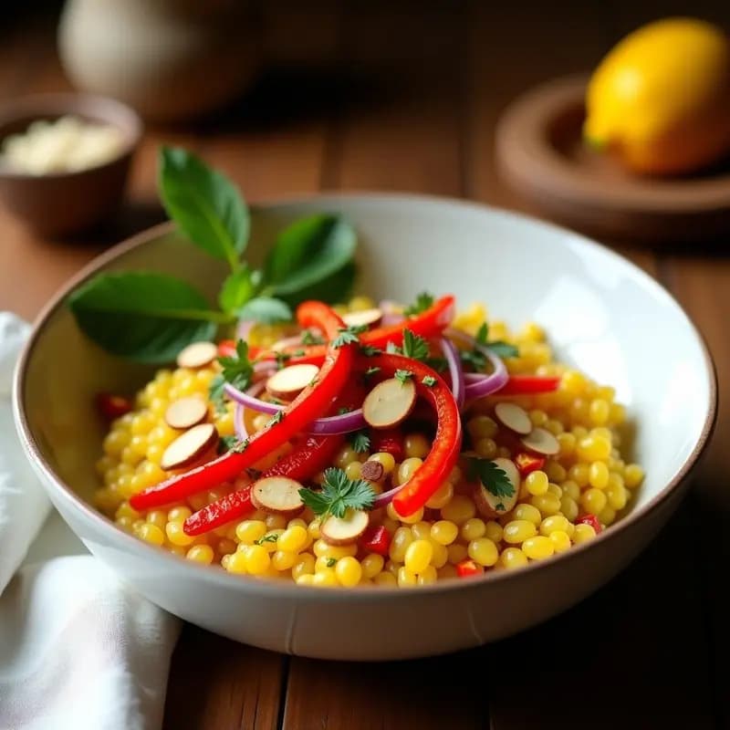 Bowl de Mijo con Pimientos Asados y Vinagreta de Azafrán: Receta Española Vegana